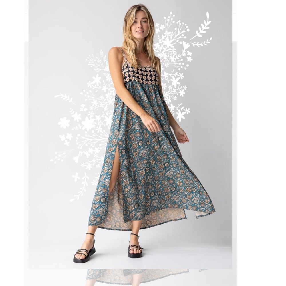 NATURAL LIFE Teal Floral Maxi Dress with Black & Cream Bodice